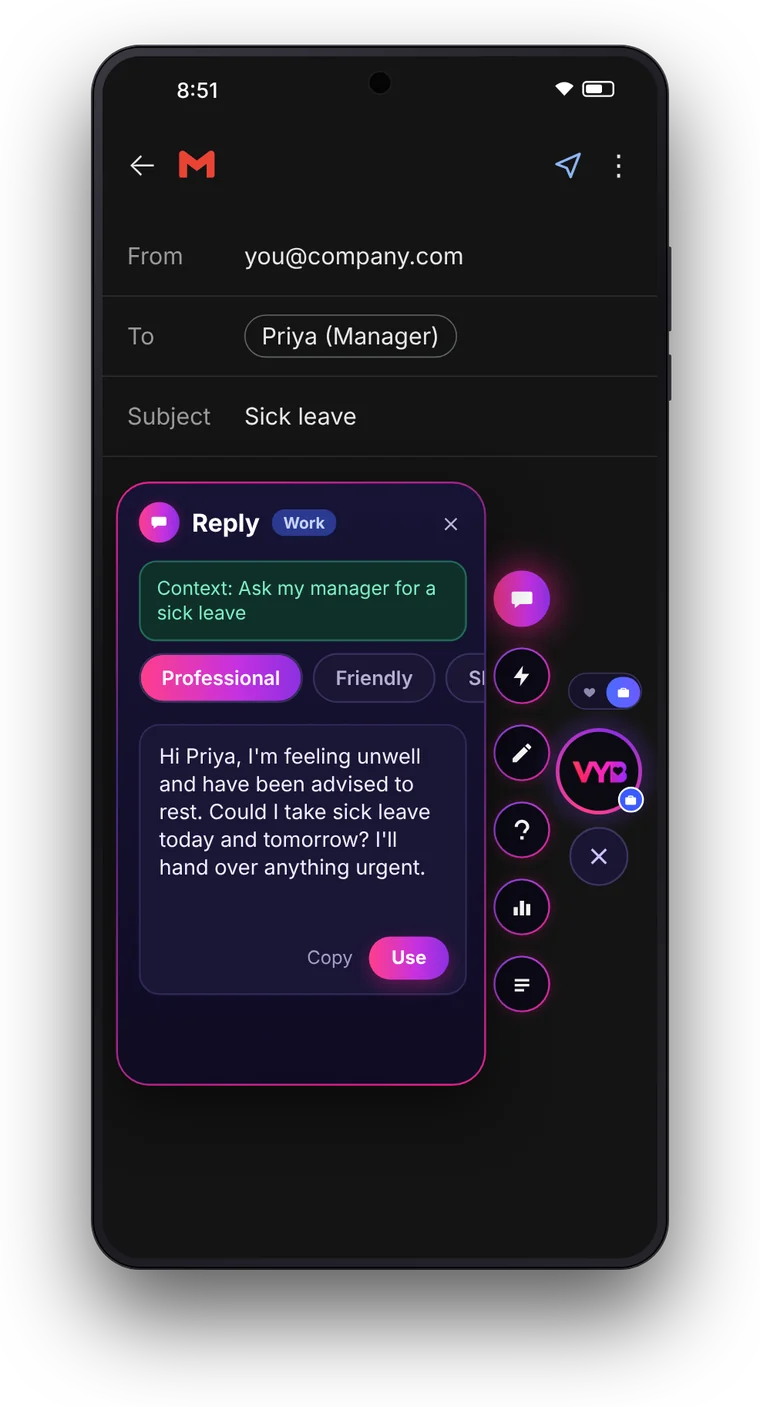 VYB Orb on Android drafting a sick-leave email in Gmail