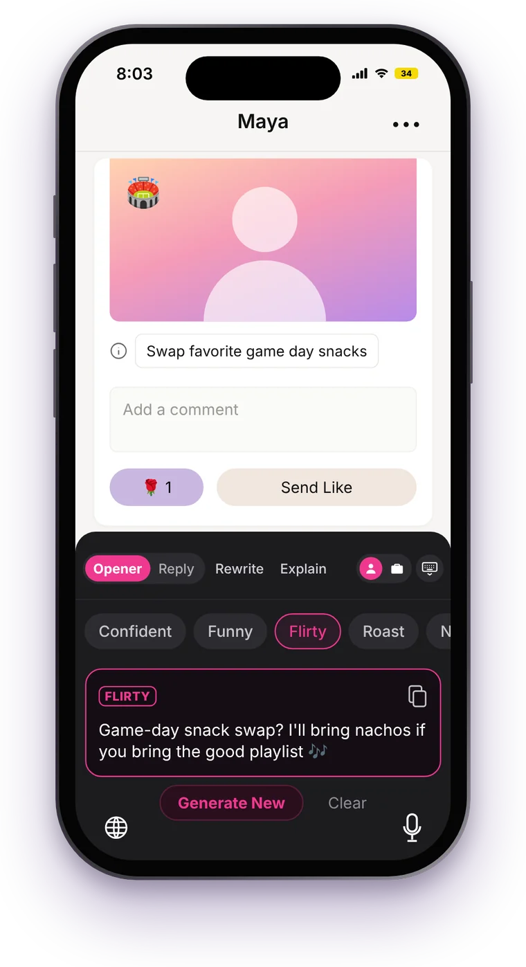 VYB Keyboard on iPhone writing a flirty opener from a dating profile