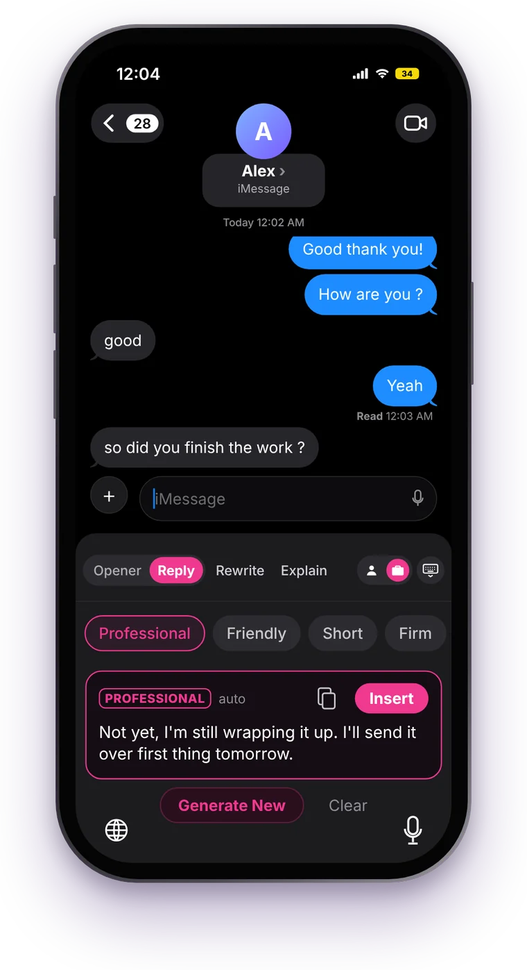 VYB Keyboard on iPhone suggesting a professional reply in iMessage