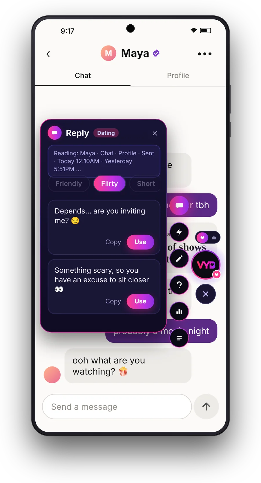 VYB Orb on Android suggesting replies in a dating chat