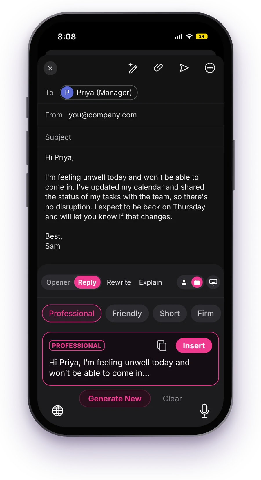 VYB Keyboard on iPhone writing a professional email in Gmail