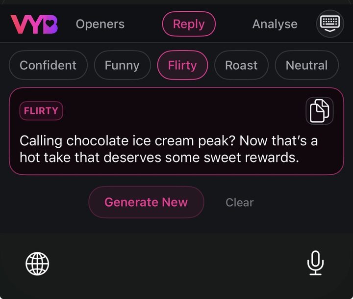 VYB keyboard showing a Flirty reply