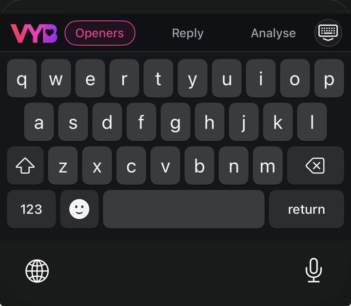 The VYB keyboard: Openers, Reply and Analyse tabs above a full QWERTY keyboard