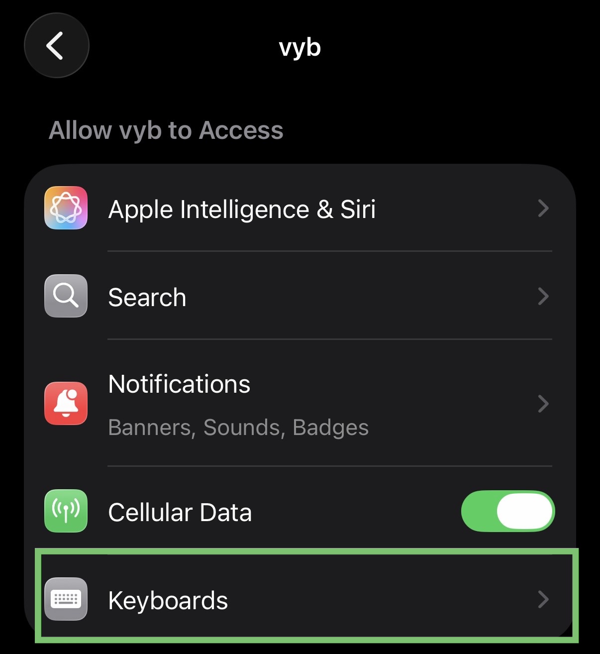 iPhone Settings open on VYB, Keyboards