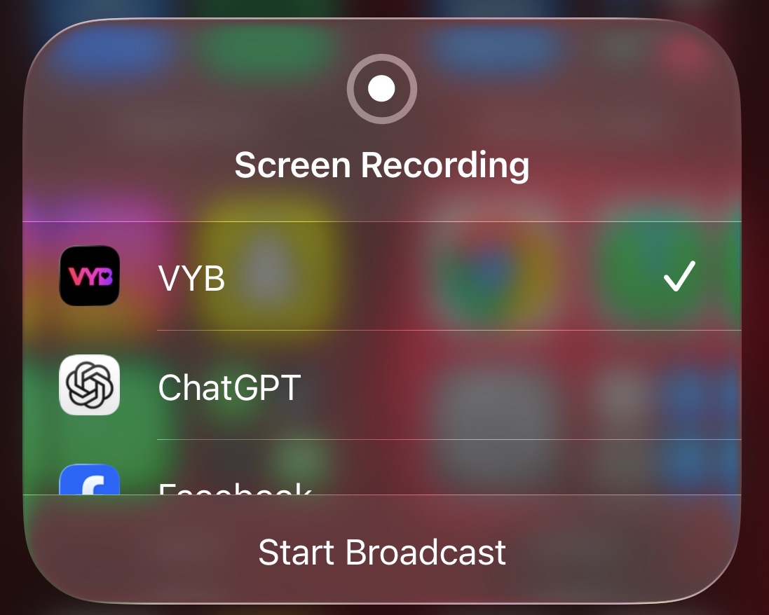 Control Center Screen Recording menu with VYB selected and Start Broadcast